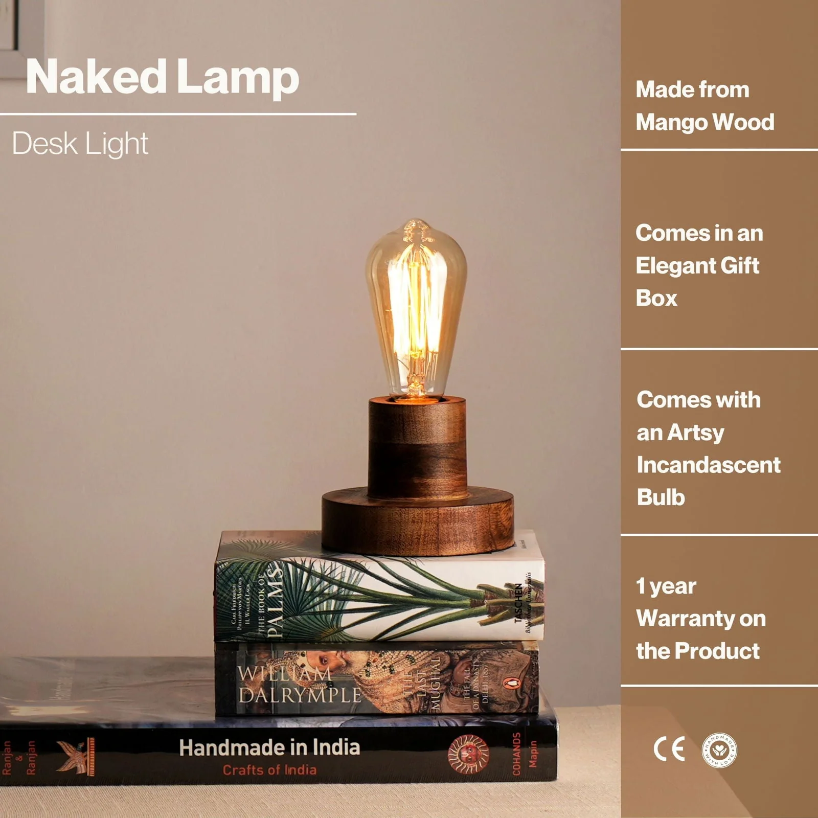 Naked Bulb Table Lamp - Artistic Incandescent Bulb, Mango Wood Made From Base, Desk Lamp - Image 2