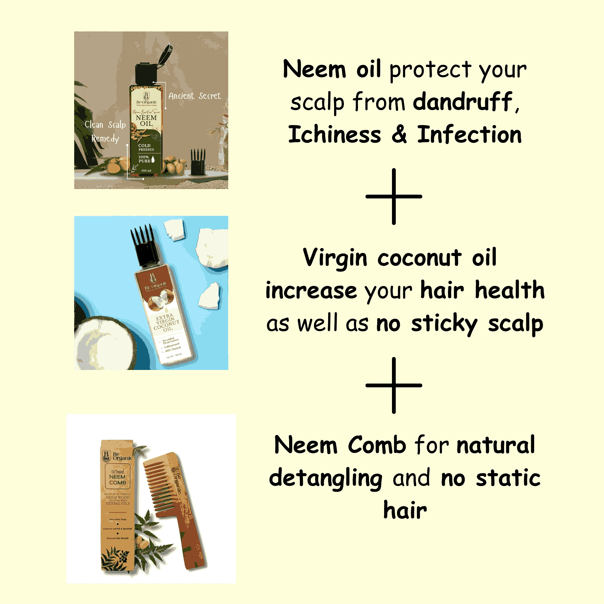 Natural Hair and Scalp Care Combo – Neem Oil, Virgin Coconut Oil & Neem Comb | Be Organic - Image 3