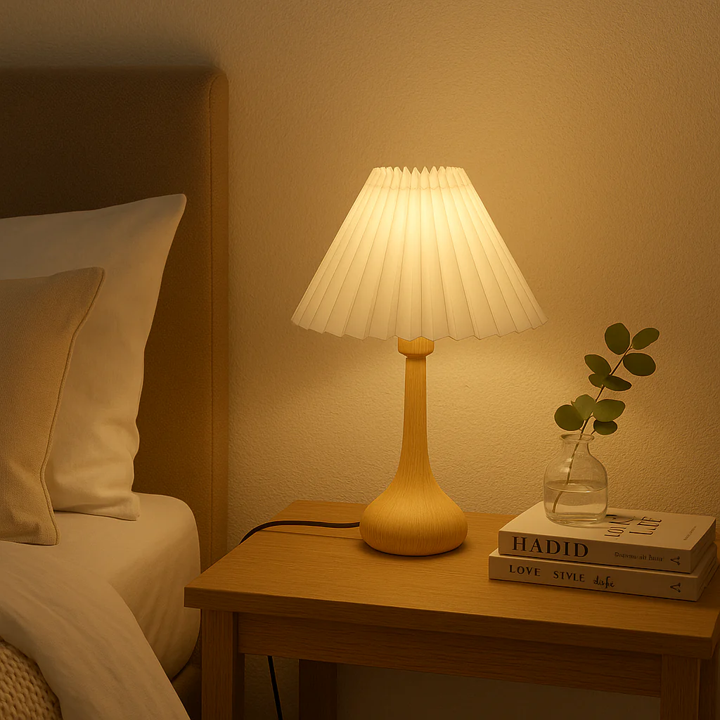 Natural Wooden Table Lamp with Pleated Shade