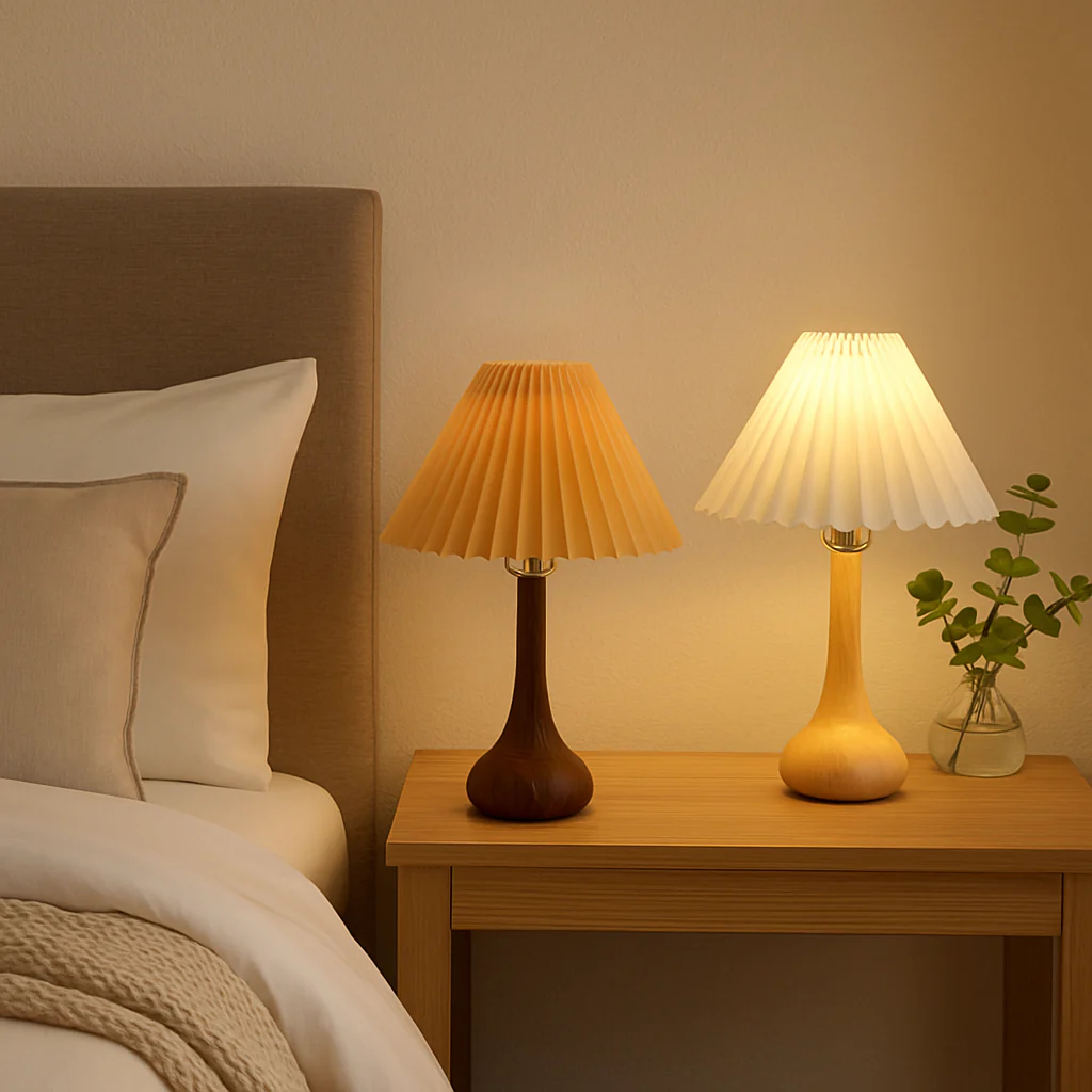 Natural Wooden Table Lamp with Pleated Shade - Image 4