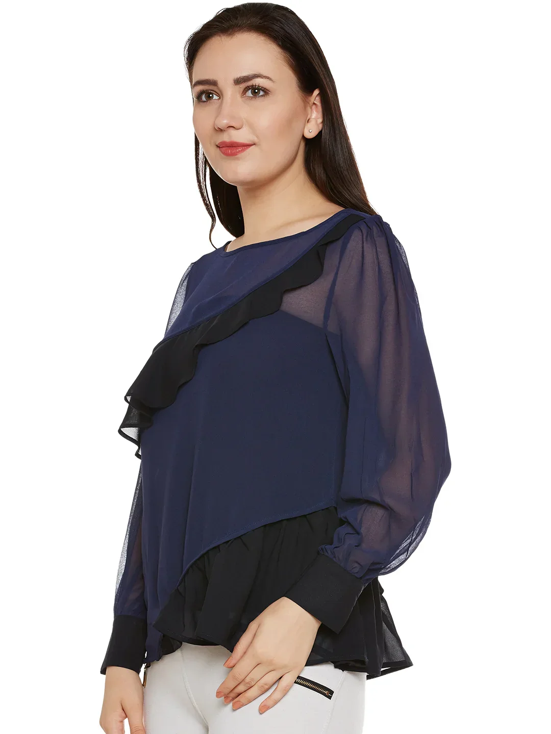 Navy & Black Sheer Top With Ruffles - Image 3