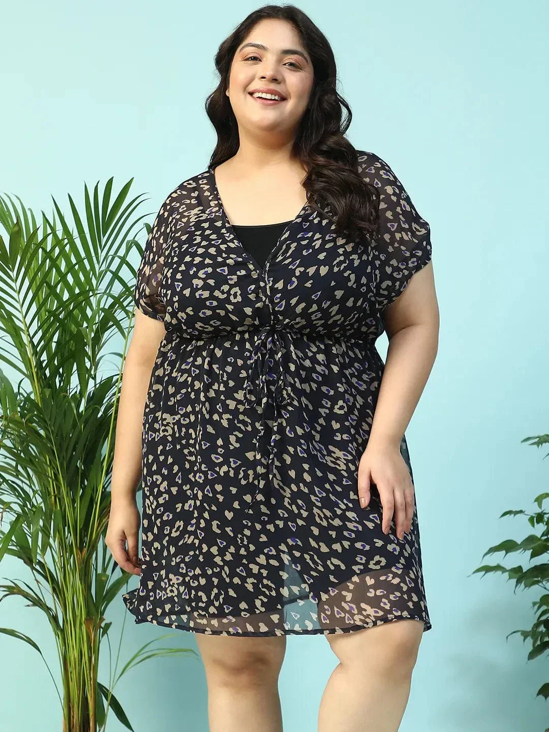 Navy Blue Animal Print Short Sleeve Elasticated With Tie-Up Detail Plus Size Women Beachwear Kaftan - Image 2