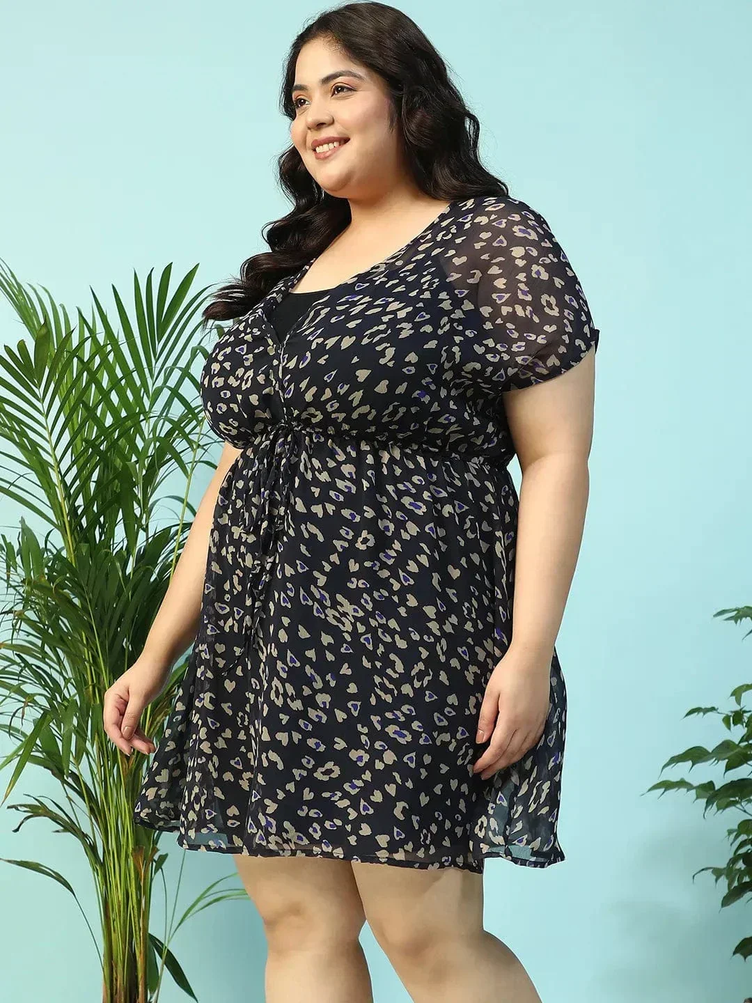 Navy Blue Animal Print Short Sleeve Elasticated With Tie-Up Detail Plus Size Women Beachwear Kaftan - Image 4