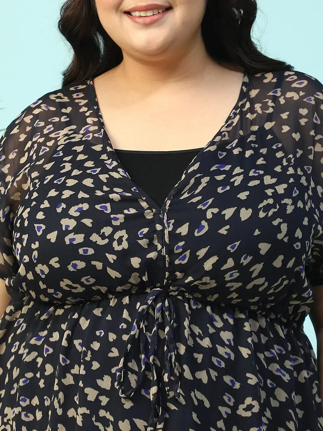 Navy Blue Animal Print Short Sleeve Elasticated With Tie-Up Detail Plus Size Women Beachwear Kaftan - Image 7