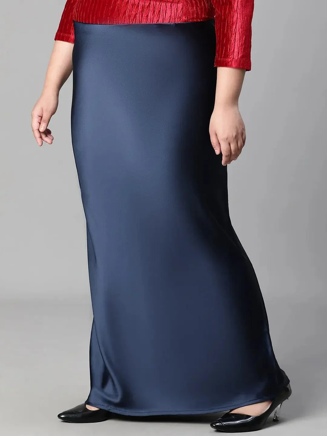 Navy Blue Elasticated Plus Size Women Long Satin Skirt - Image 3