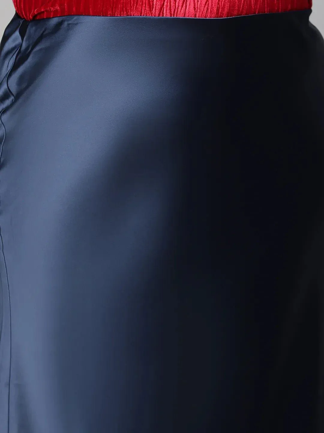 Navy Blue Elasticated Plus Size Women Long Satin Skirt - Image 6