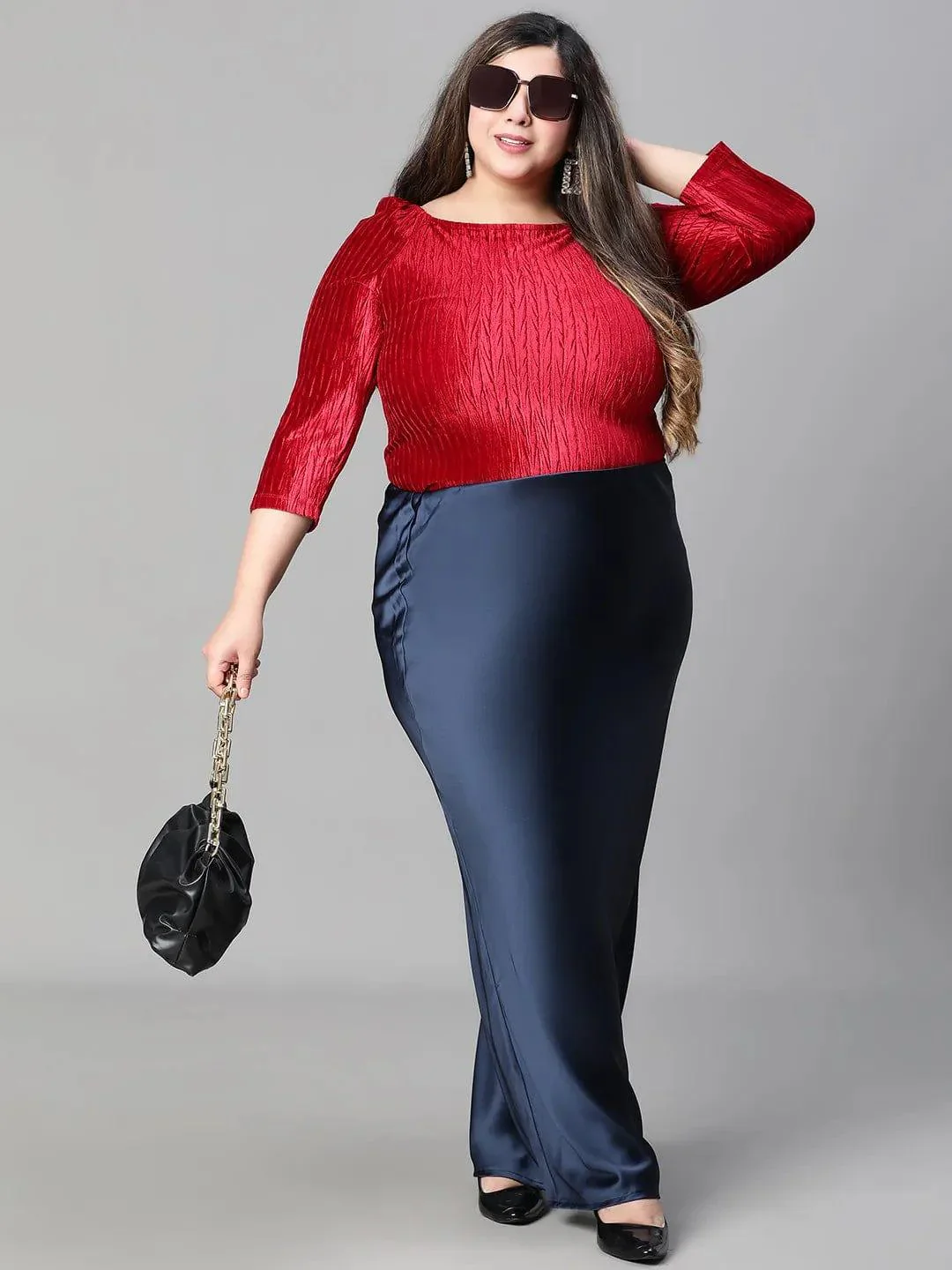 Navy Blue Elasticated Plus Size Women Long Satin Skirt - Image 8