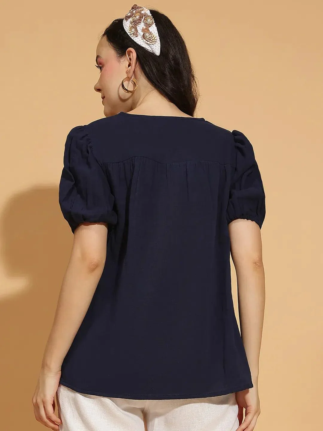 Navy Blue Embroidered Short Sleeve Women’s Cotton Top - Image 5