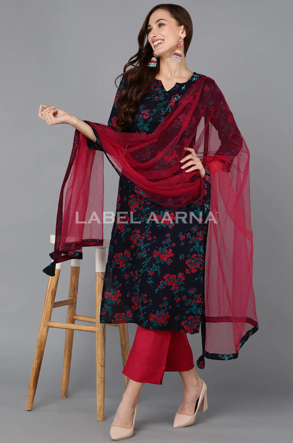 Navy Blue Floral Cotton Kurta Set With Net Dupatta
