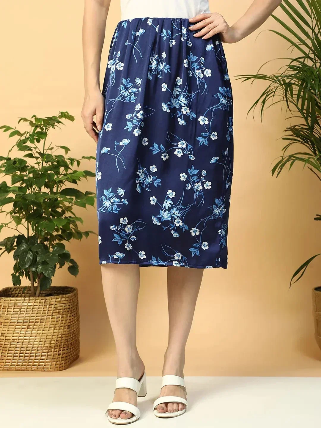 Navy Blue Floral Print Elasticated Knee Length Women Satin Skirt