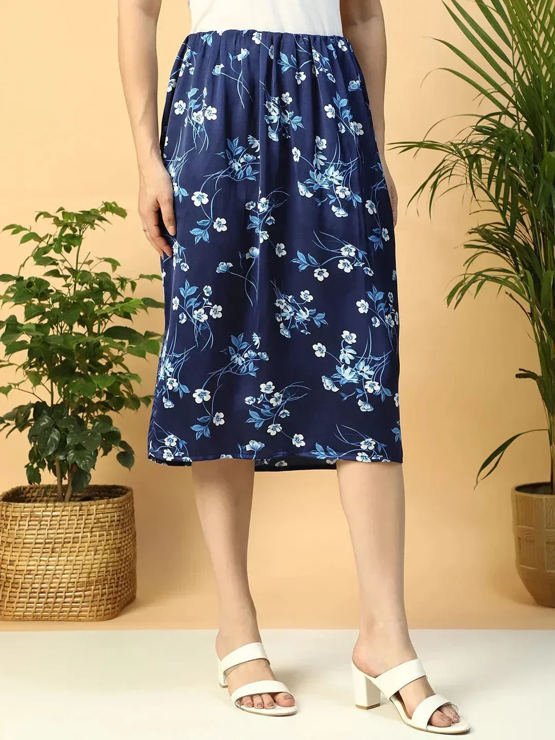 Navy Blue Floral Print Elasticated Knee Length Women Satin Skirt - Image 4