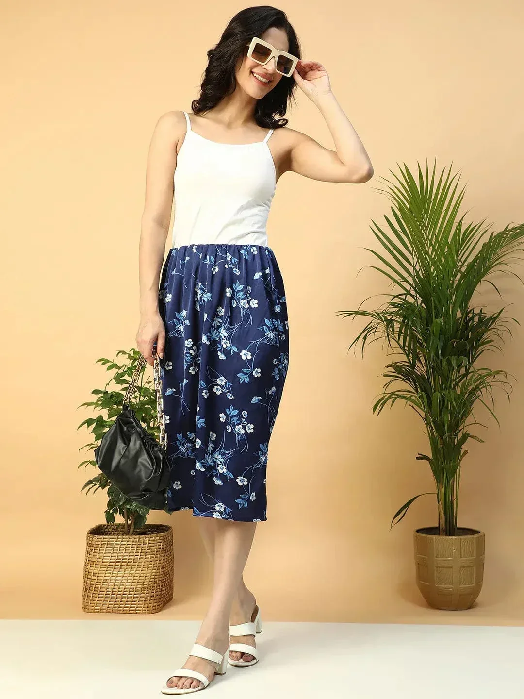 Navy Blue Floral Print Elasticated Knee Length Women Satin Skirt - Image 7