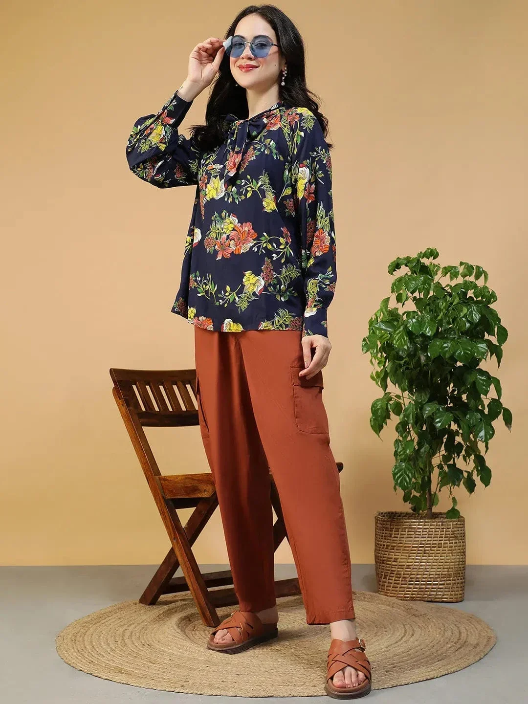 Navy Blue Floral Top - Women's Long Sleeve Round Neck Blouse With Tie-Up Detail - Image 2