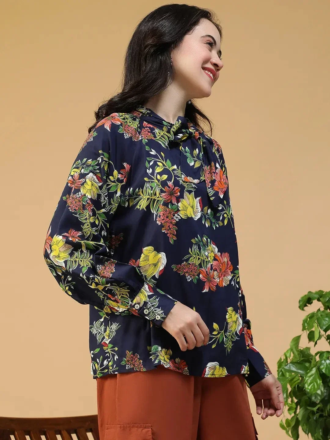 Navy Blue Floral Top - Women's Long Sleeve Round Neck Blouse With Tie-Up Detail - Image 4