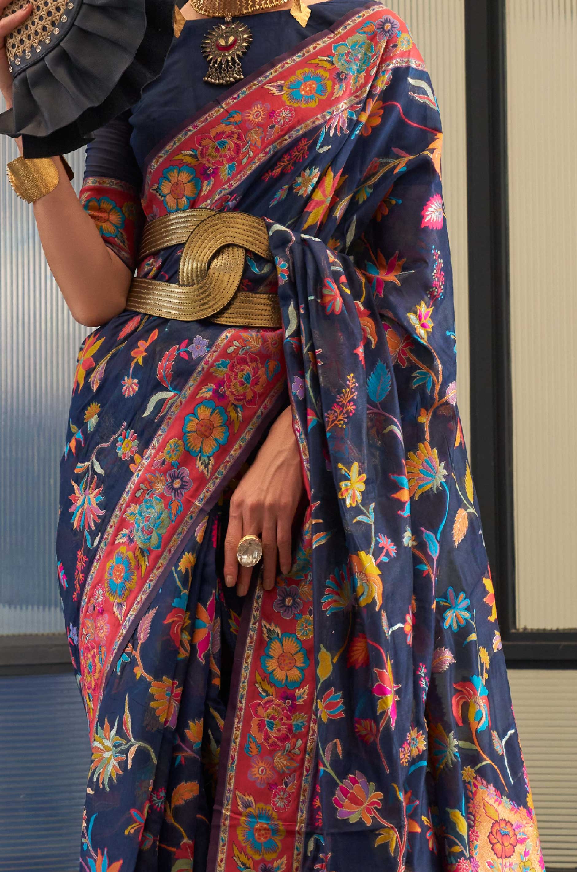 Navy Blue Floral Woven Silk Saree - Image 3