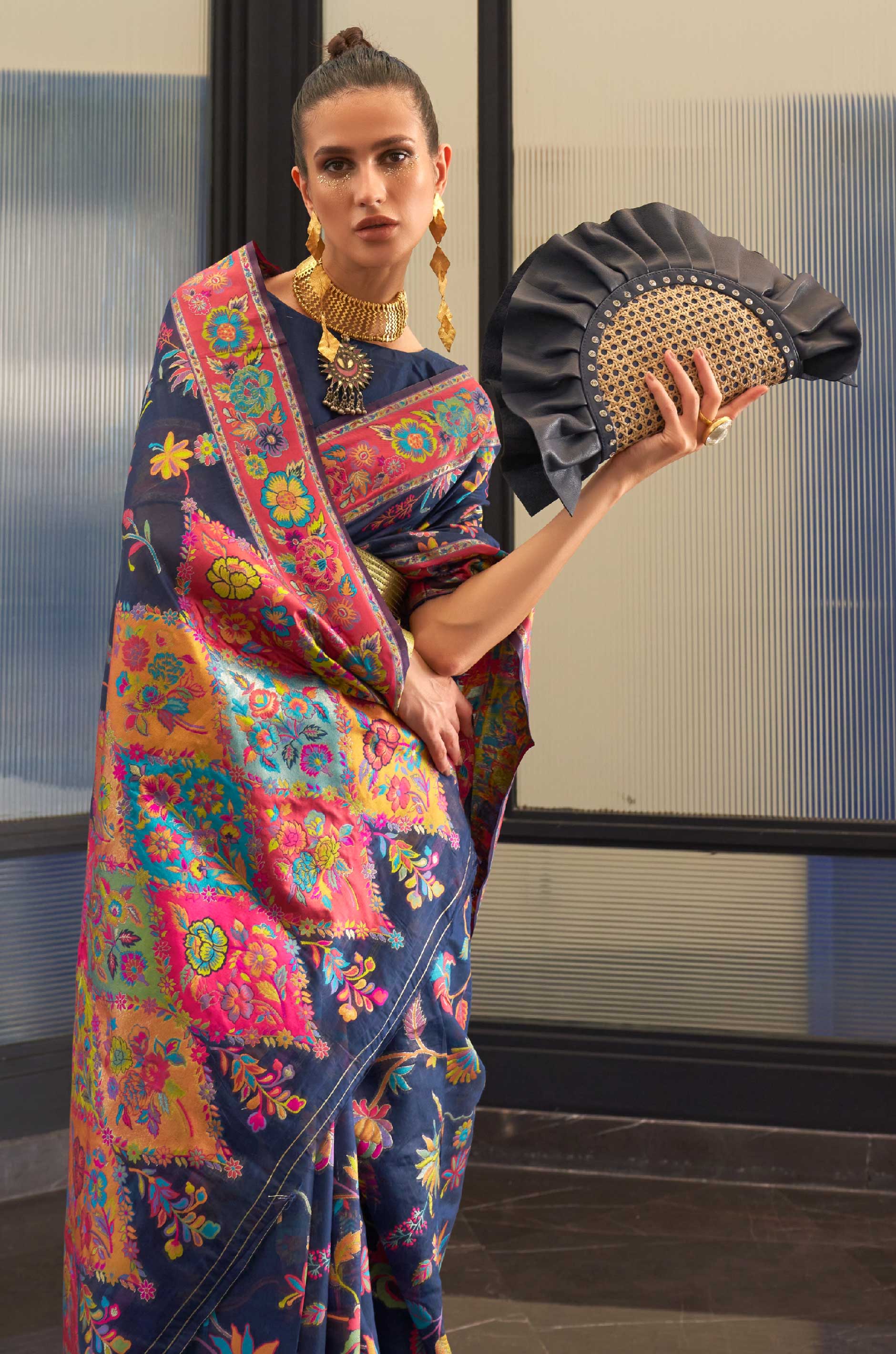 Navy Blue Floral Woven Silk Saree - Image 5