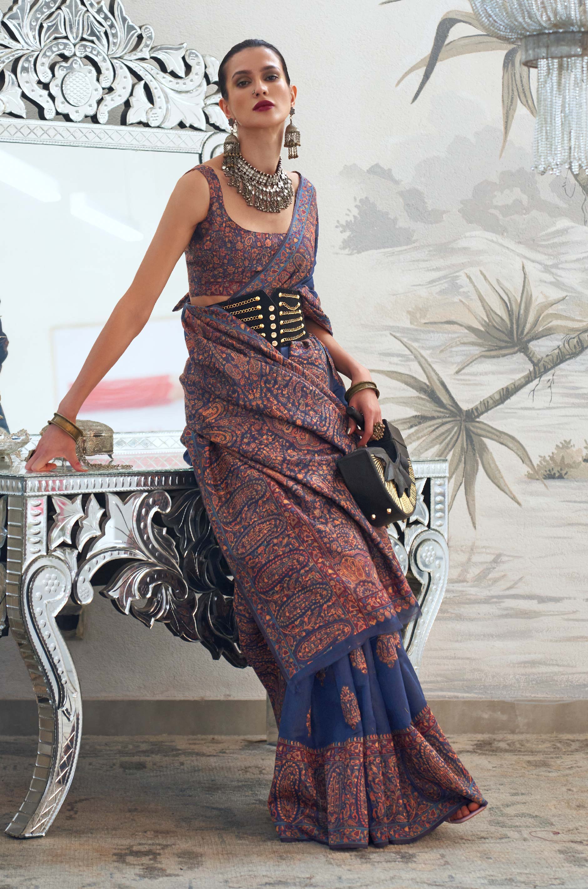 Navy Blue Kashmiri Modal Silk Saree