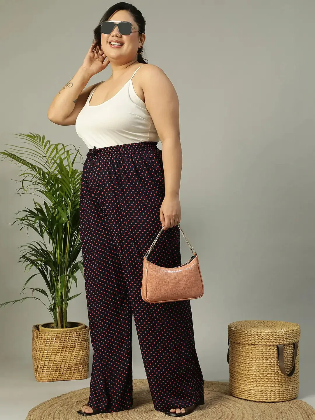Navy Blue Polka Dot Print Elasticated Plus Size Women Pant - Image 8