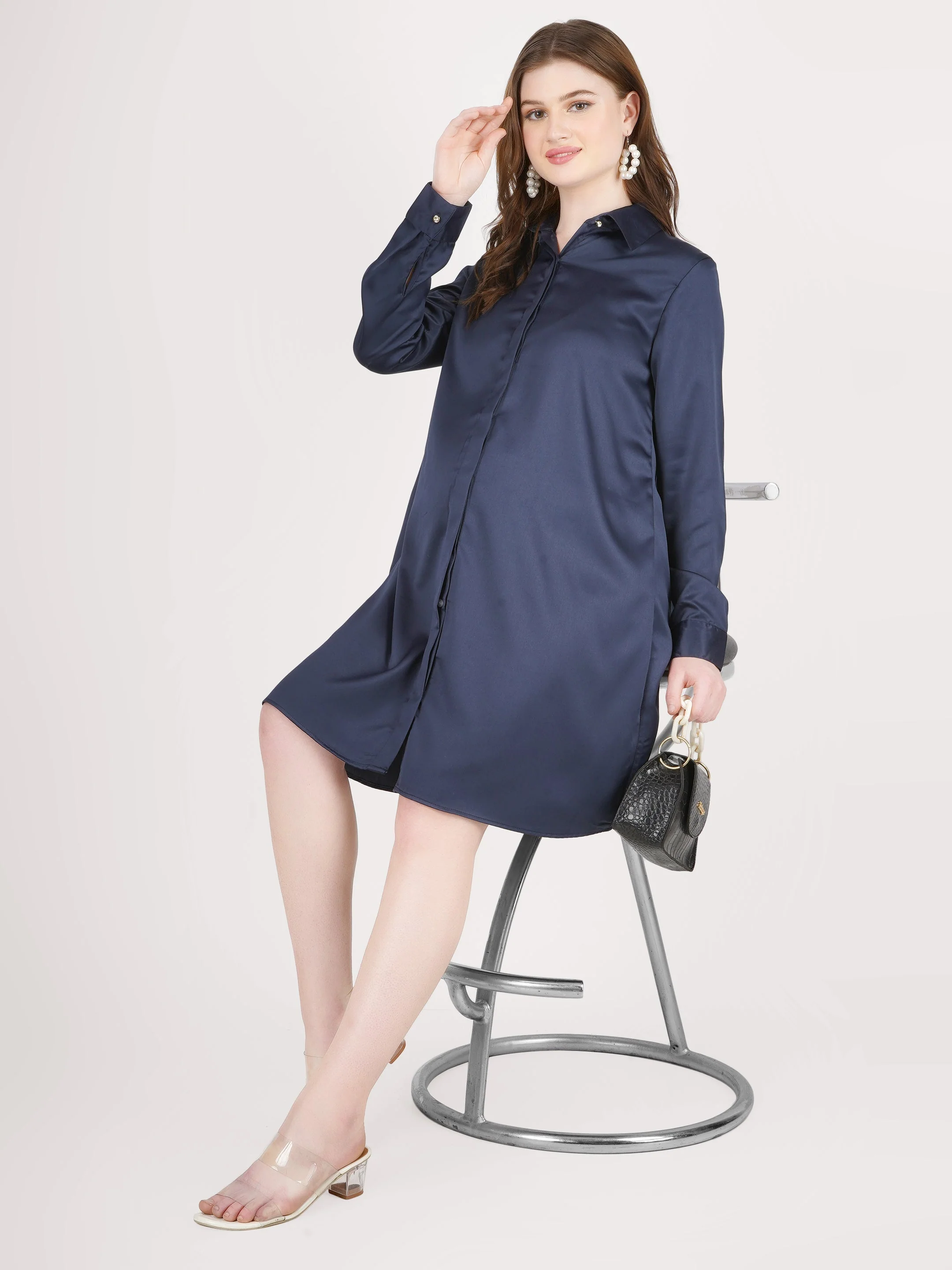 Navy Blue Satin Shirt - Luxury Maternity Dress - Image 5