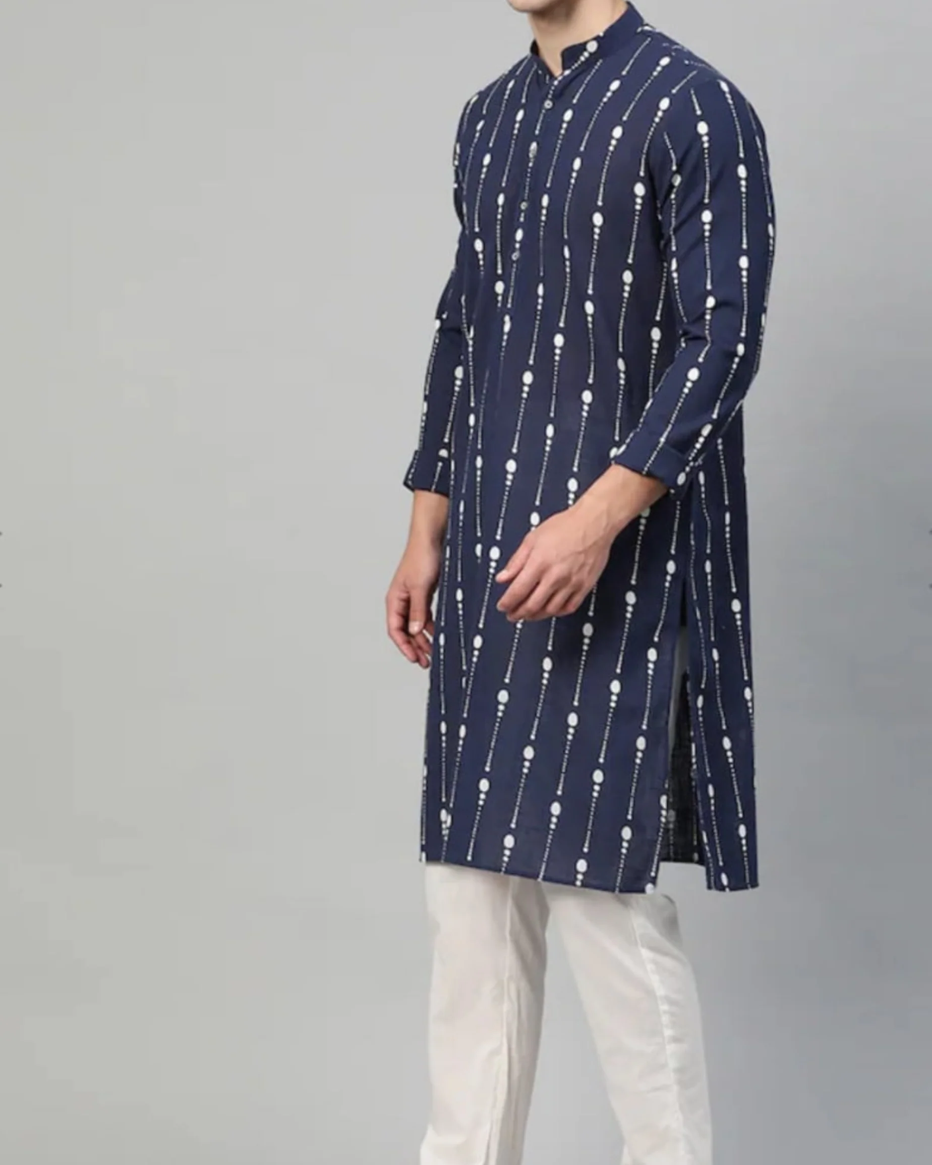 Navy Blue Super Soft Digital Print Kurta For Men - Image 3