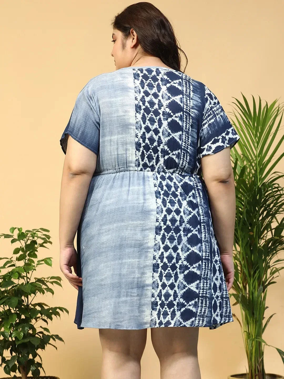 Navy Blue Tie-Dye Print Short Sleeve Elasticated With Tie-Up Detail Plus Size Women Beachwear Cotton Kaftan - Image 6