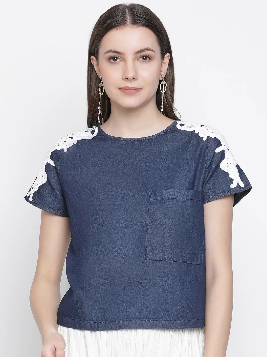 Navy Denim Crop Patch Lace Top