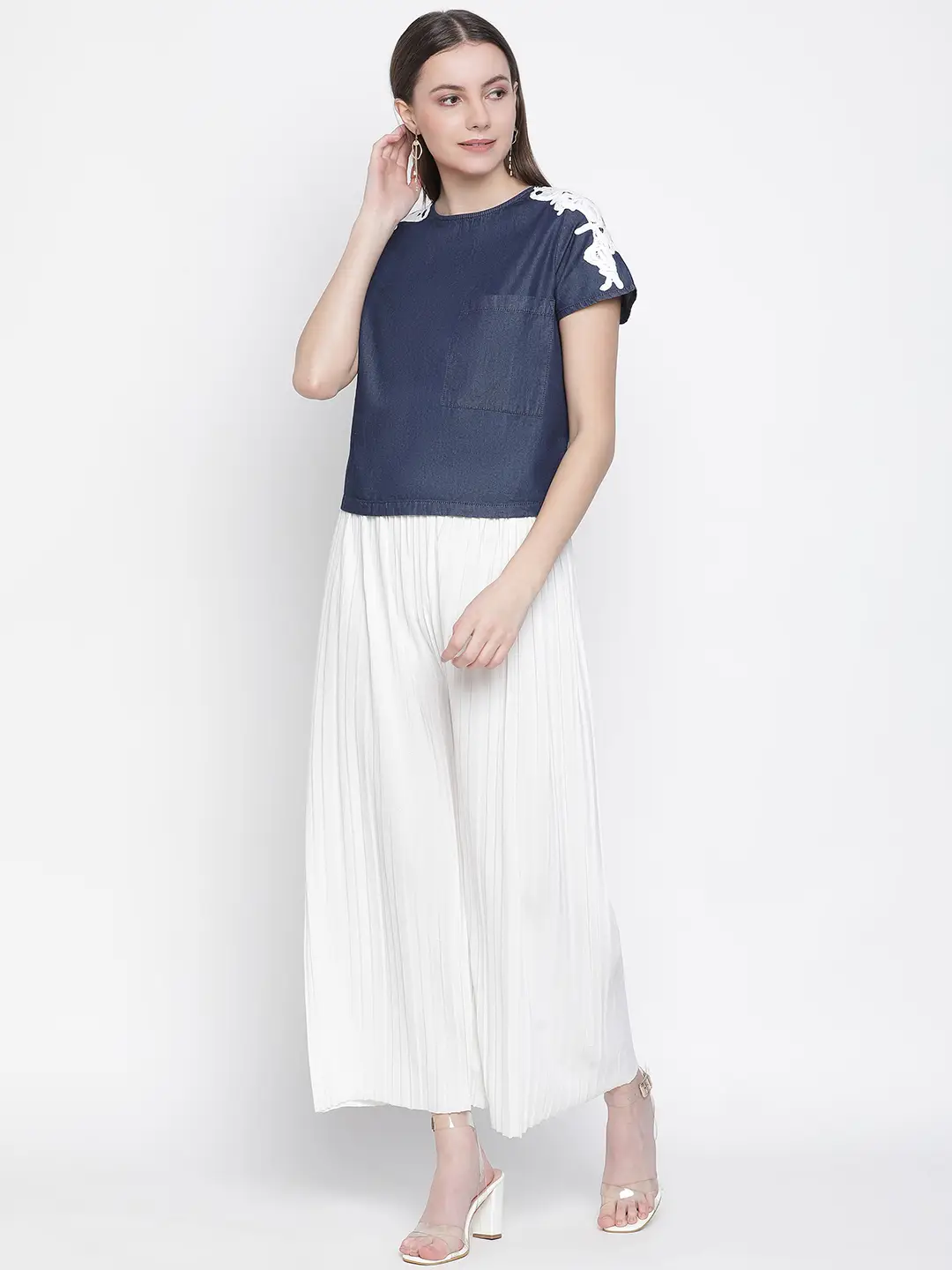 Navy Denim Crop Patch Lace Top - Image 2