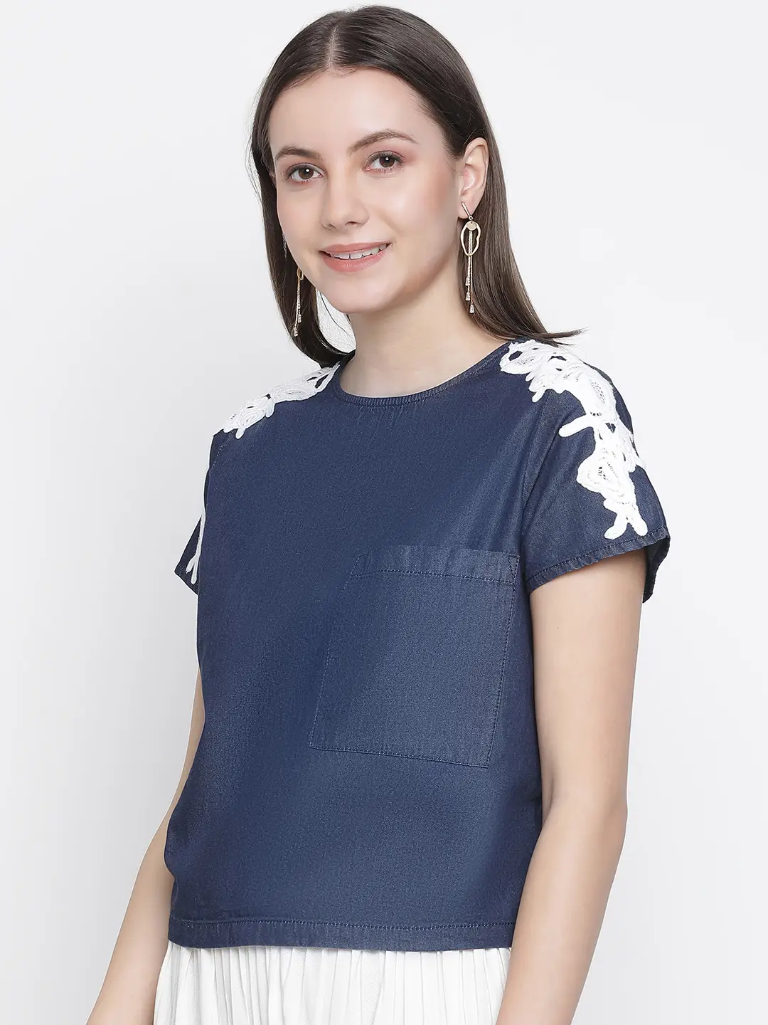 Navy Denim Crop Patch Lace Top - Image 3