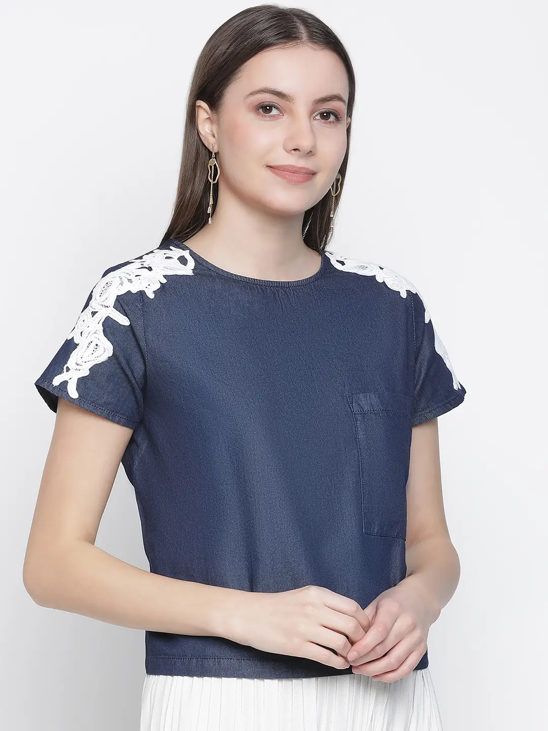 Navy Denim Crop Patch Lace Top - Image 4
