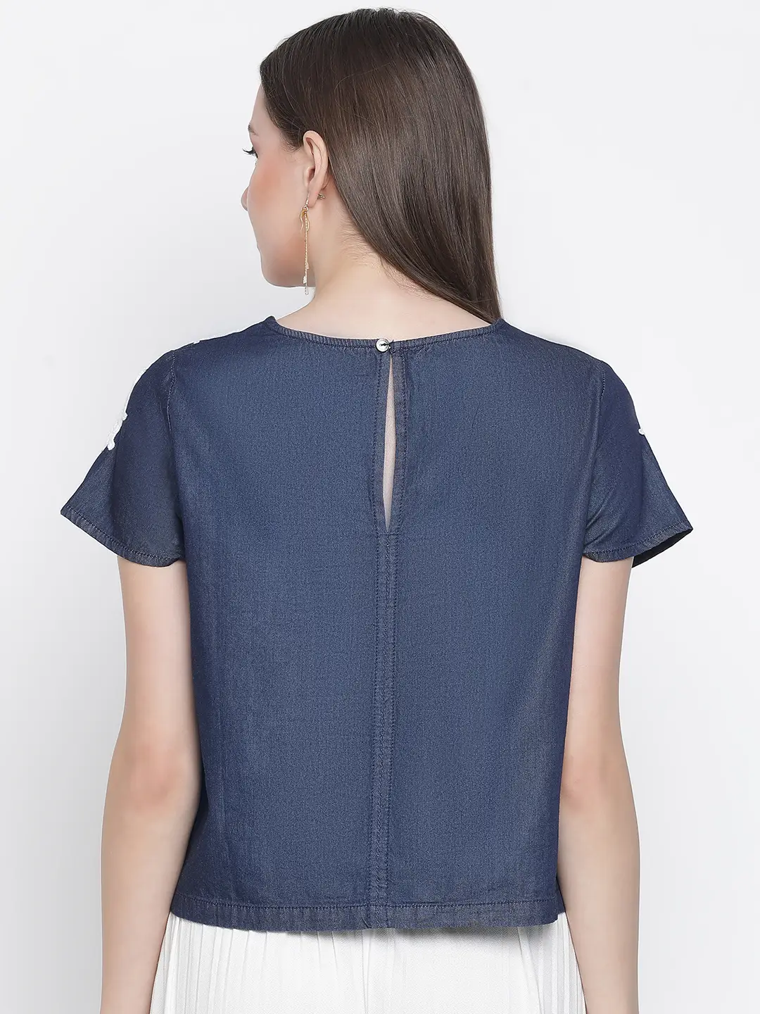 Navy Denim Crop Patch Lace Top - Image 5