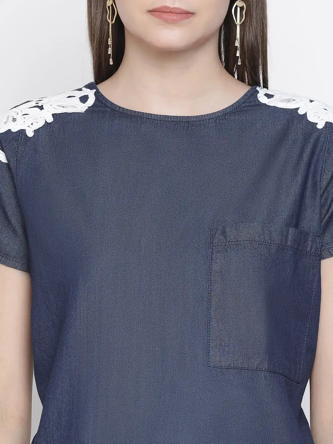 Navy Denim Crop Patch Lace Top - Image 6
