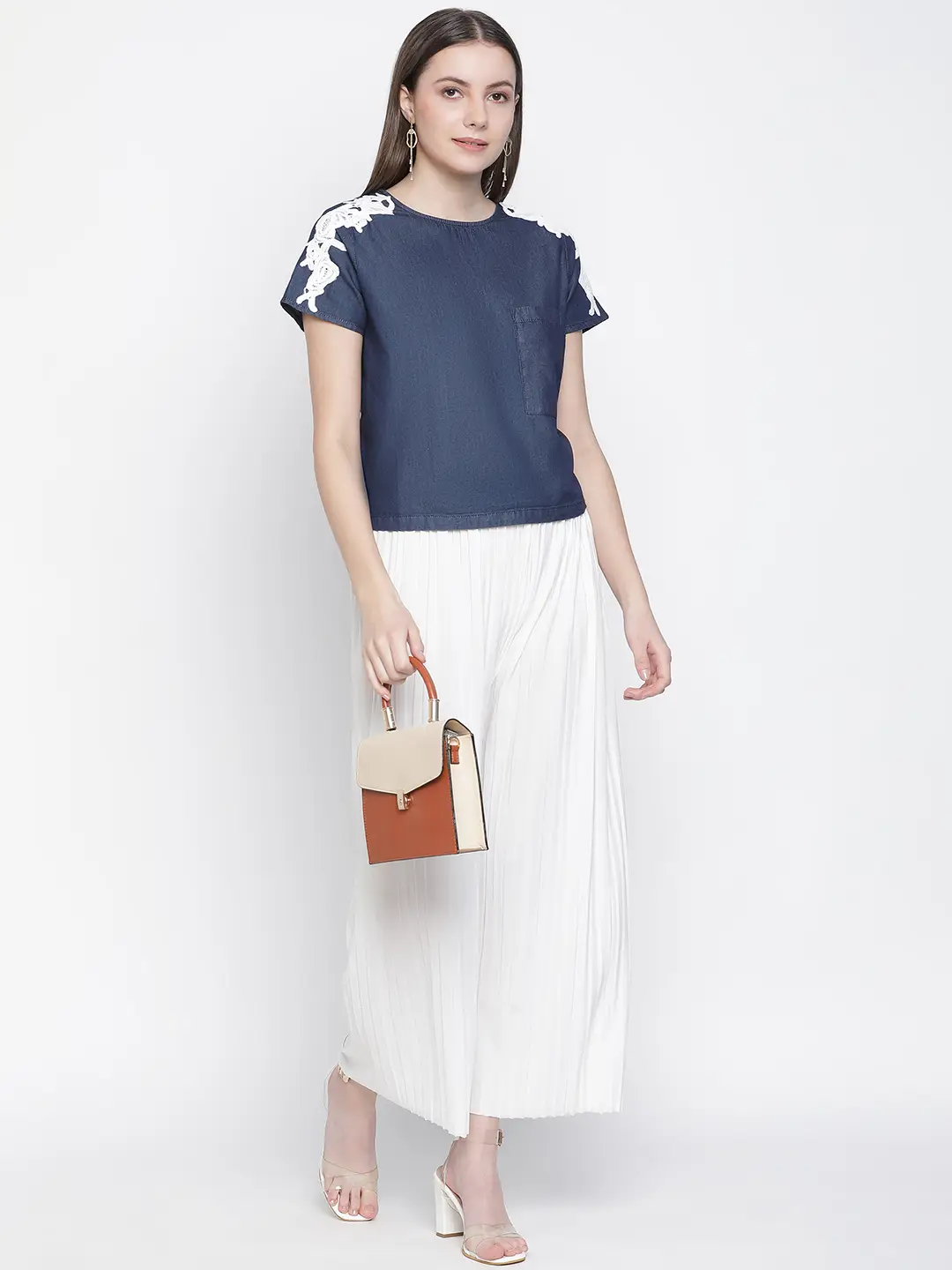Navy Denim Crop Patch Lace Top - Image 7