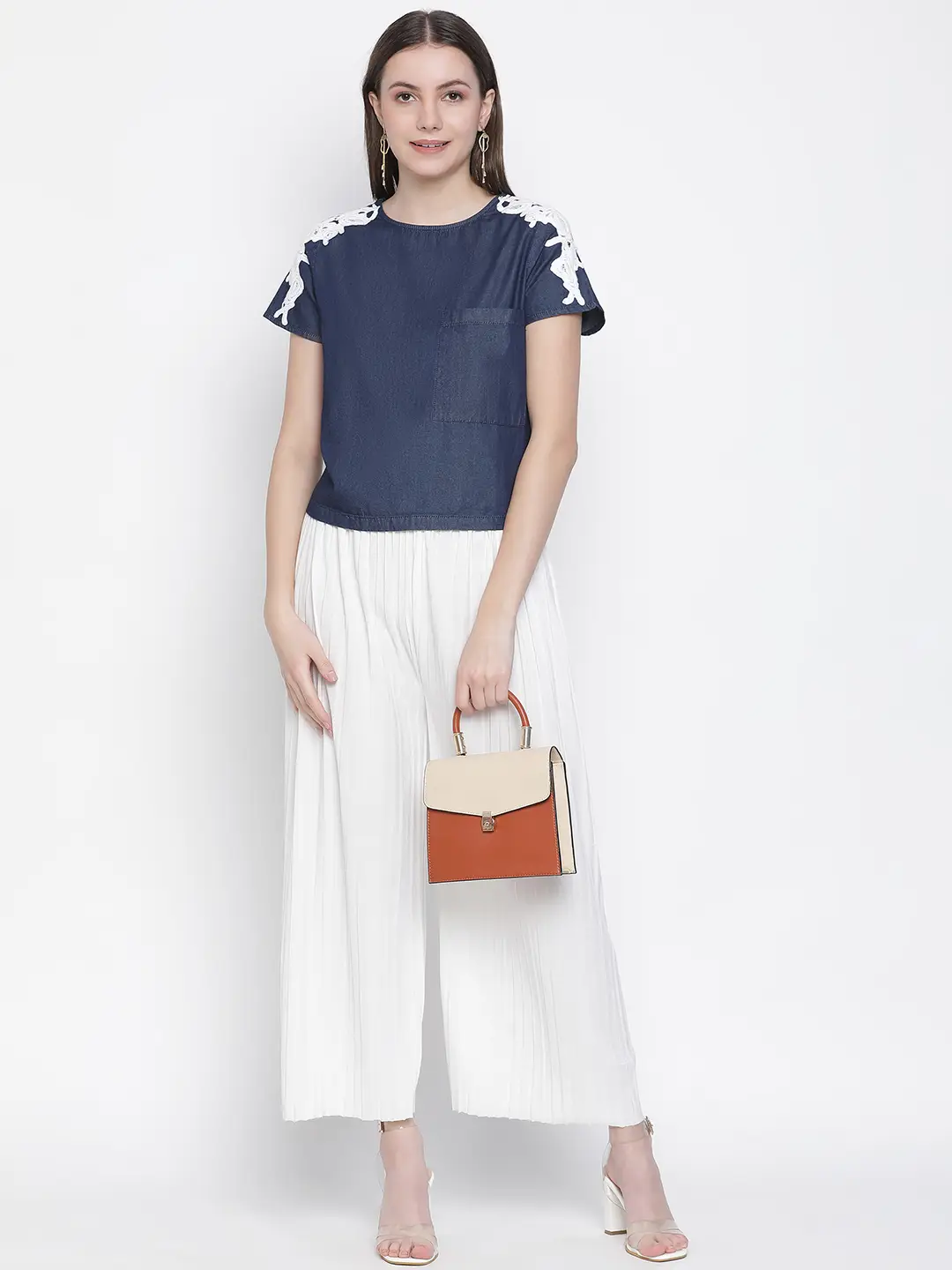 Navy Denim Crop Patch Lace Top - Image 8