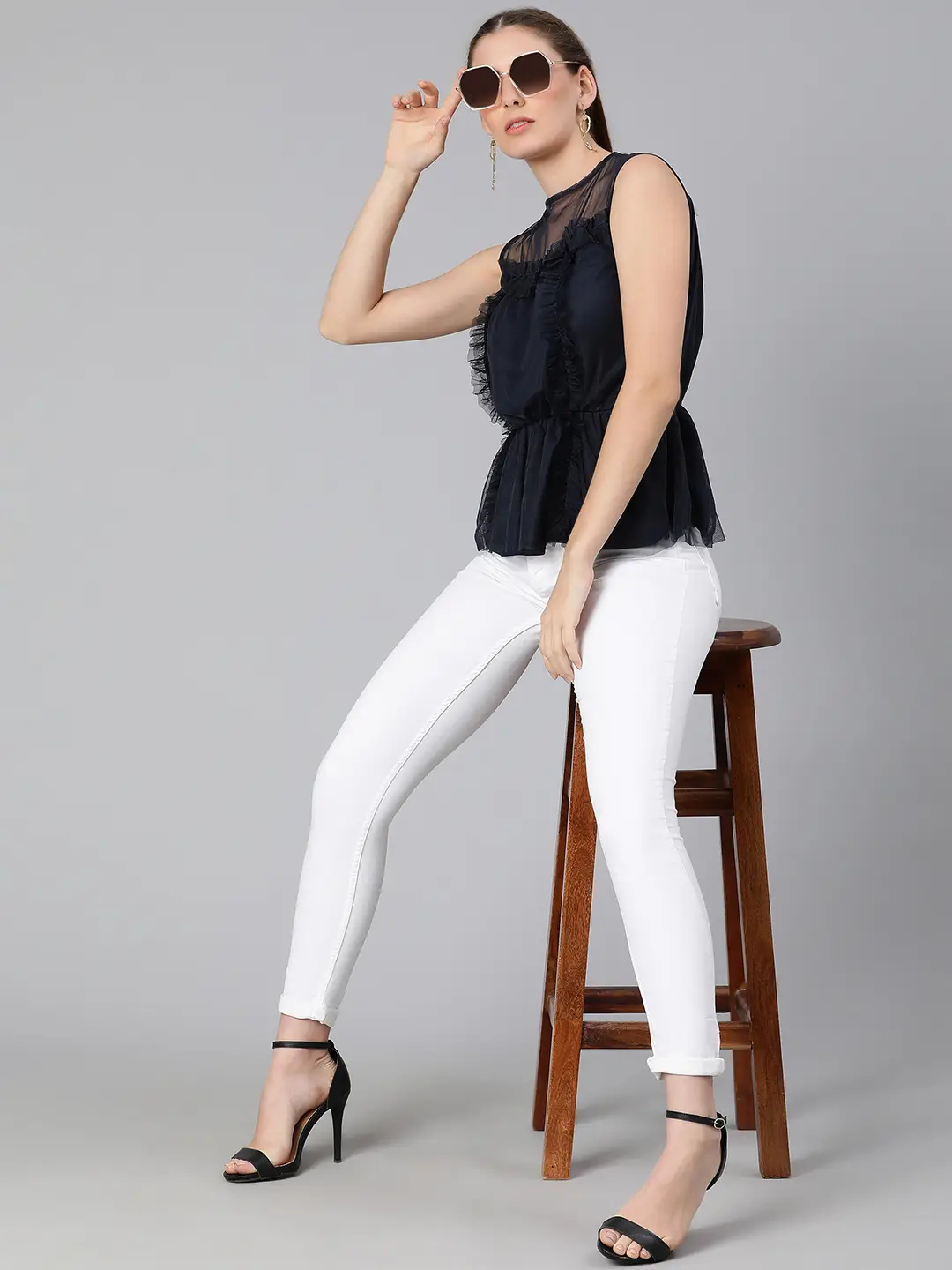 Navy Simmer Net Ruffle Party Women Top - Image 8