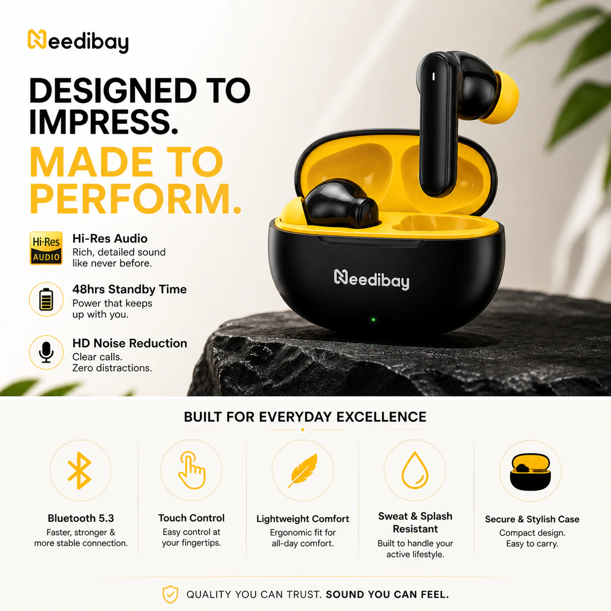 Needibay Wireless Earbuds | Hi-Resolution Sound, 48 Hours Playtime, Bluetooth 5.3, Noise Reduction, Lightweight & Sweatproof - Image 3