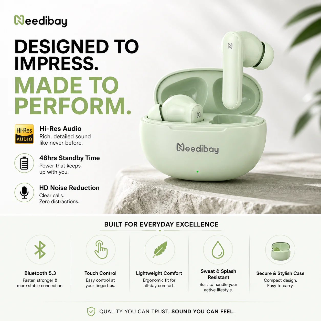 Needibay Wireless Earbuds | Hi-Resolution Sound, 48 Hours Playtime, Bluetooth 5.3, Noise Reduction, Lightweight & Sweatproof - Image 4