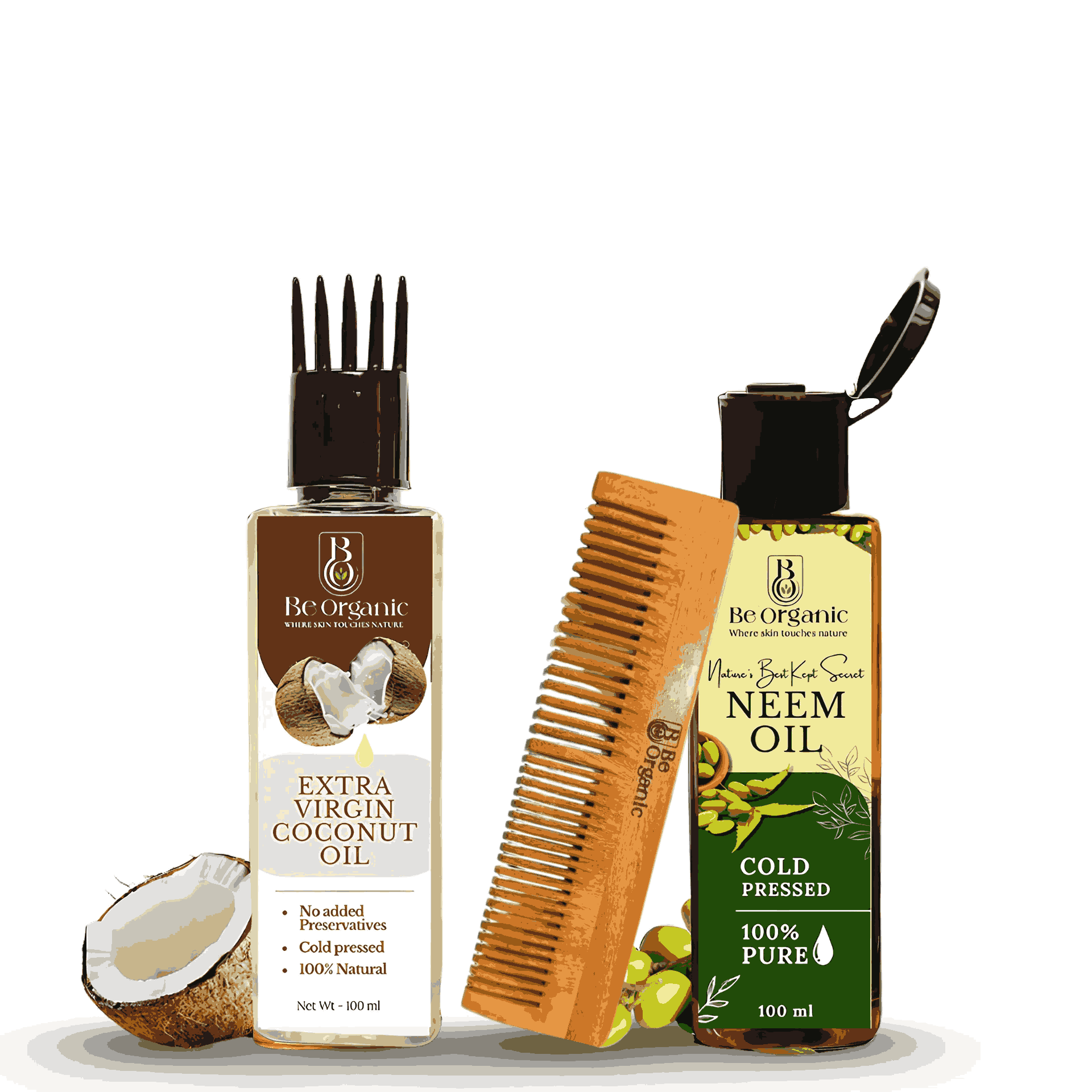 Neem Handle Comb + Virgin Coconut Oil + Neem Oil | Natural Hair Care Products
