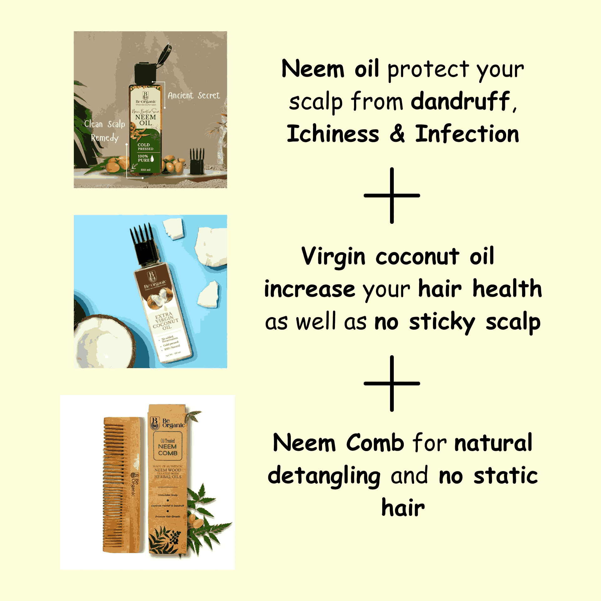 Neem Handle Comb + Virgin Coconut Oil + Neem Oil | Natural Hair Care Products - Image 3