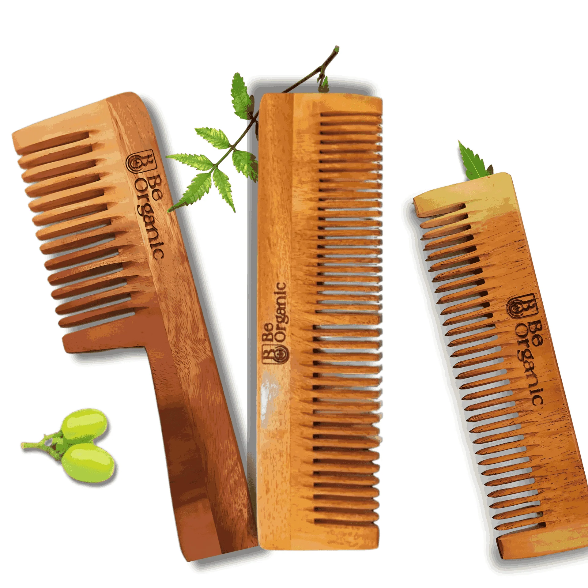 Neem Wood Comb Combo – Dual Tooth Handle & Pocket Combs | Be Organic
