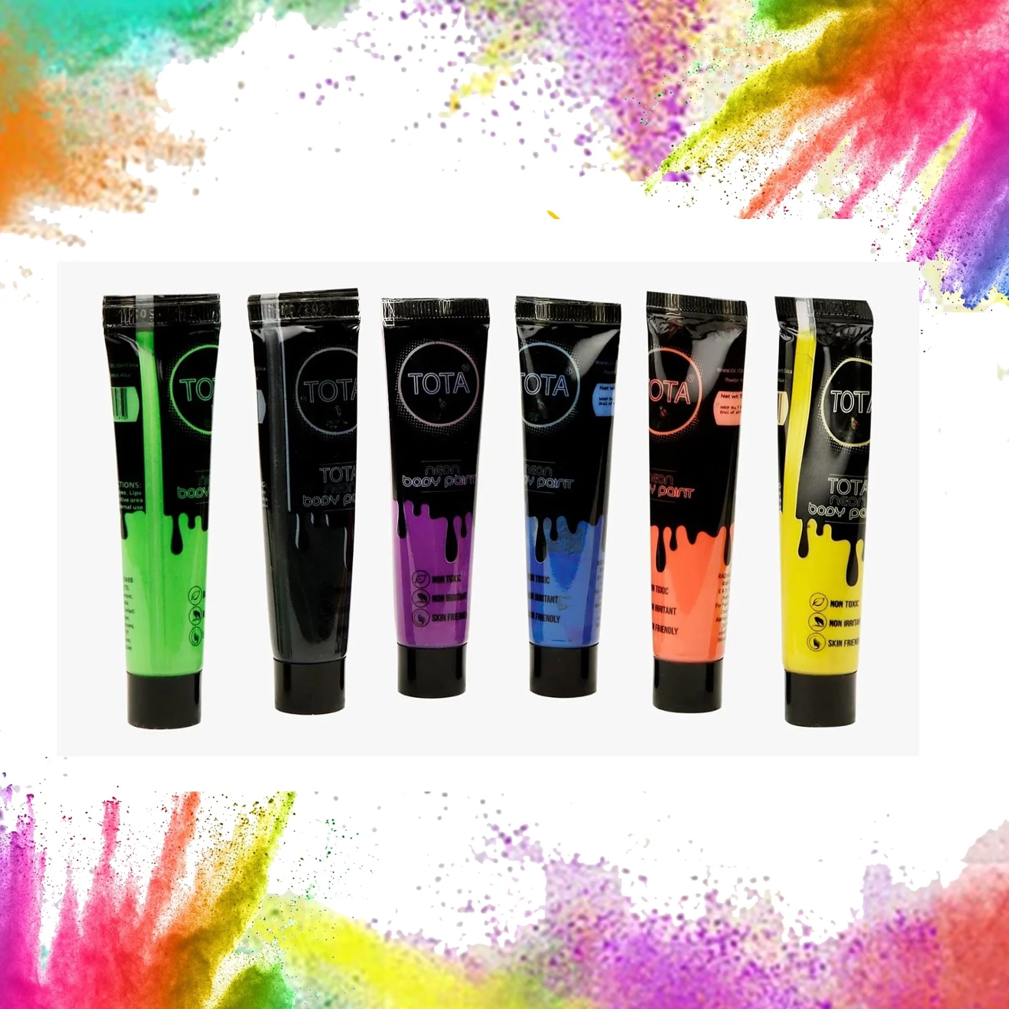 Neon Body Paint Set, Professional UV Glow Paint Kit, Multiple Colours Non-Toxic Face Paint and Body paint for Party, Celebration, Holi - Set of 6 - Image 2