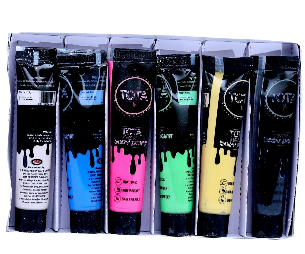 Neon Body Paint Set, Professional UV Glow Paint Kit, Multiple Colours Non-Toxic Face Paint and Body paint for Party, Celebration, Holi - Set of 6 - Image 6