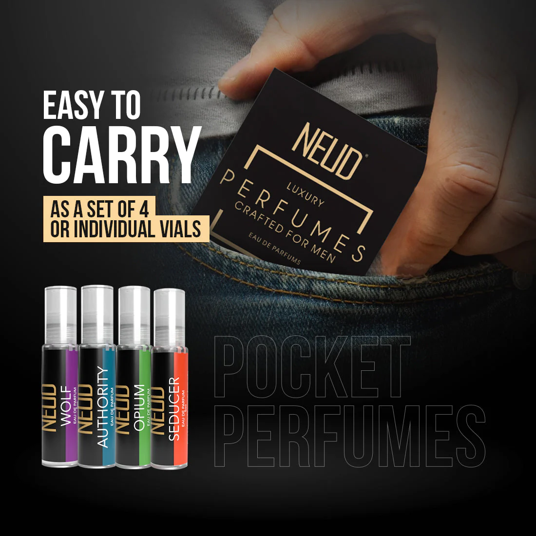NEUD Luxury Pocket Perfume Gift Set for Men 4x10ml (Citrus, Lavender, Cedarwood, Vanilla), Long Lasting - Image 3