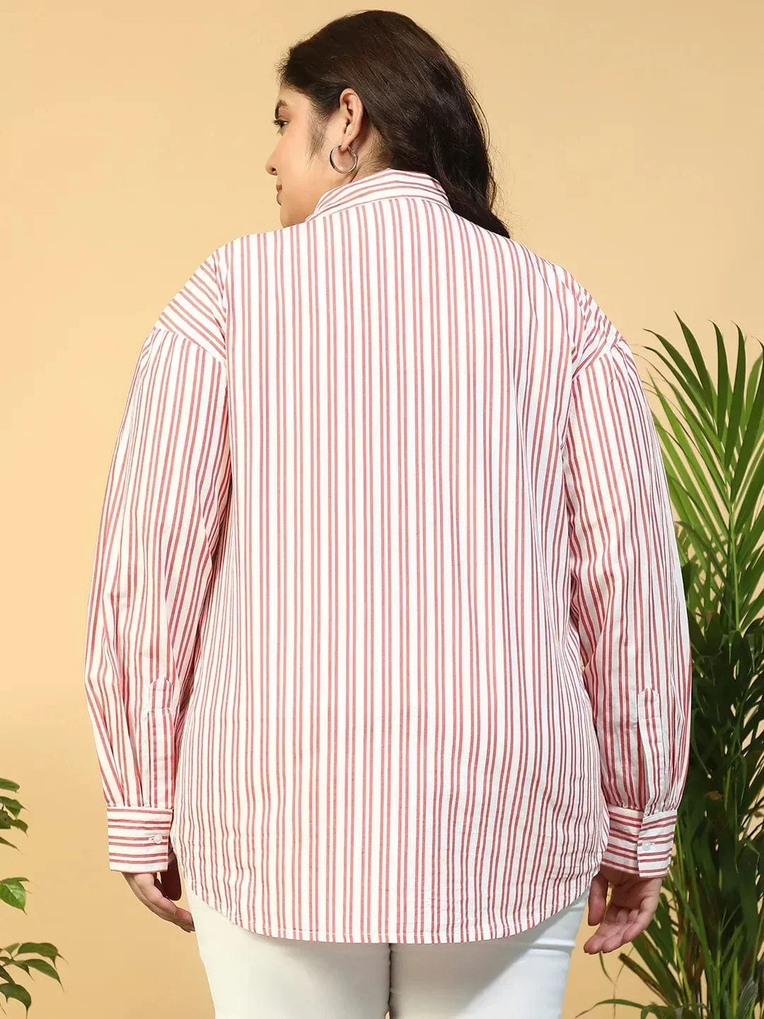 New Red Collared Stripe Print Long Sleeve Button Down Linen Plus Size Women Cotton Shirt - Image 5