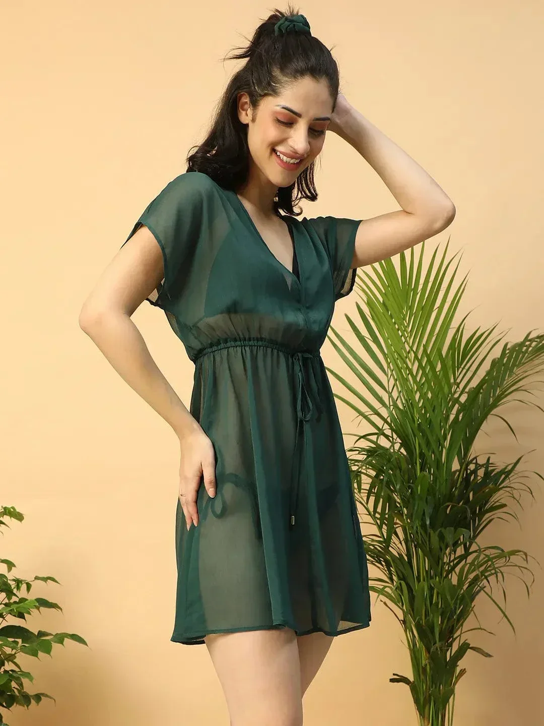 Next up Solid Green Short Elasticated Tie-Up Detail Women Beachwear Kaftan - Image 4