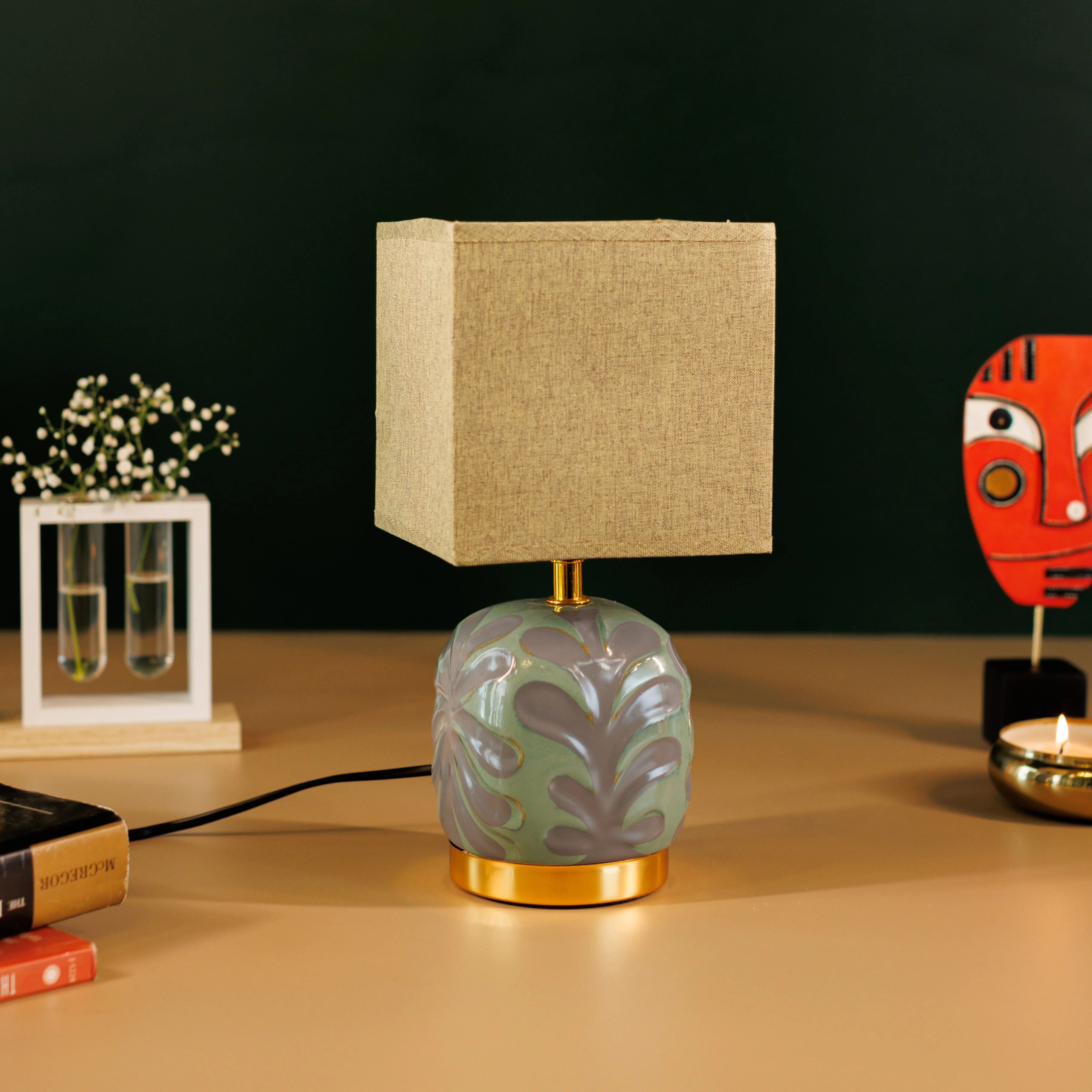 Nordic Simple Ceramic Vase Table Lamp with Fabric Lampshade - olive Green - Image 5