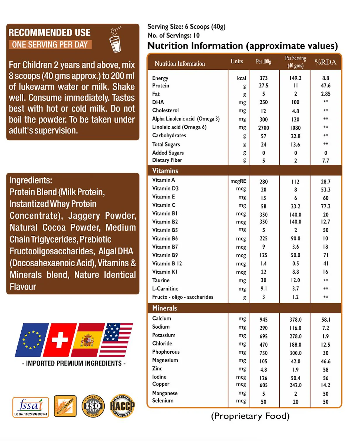 Nutrition Naturals Superkids Junior Protein Powder 400g | 2+ Years | No Refined Sugar | 23 essential Vitamin & minerals, DHA | 11g Protein per serving | Supports Overall Health, Growth & Boosts Immunity | Health Drink for kids, Double Chocolate Flavour - Image 3