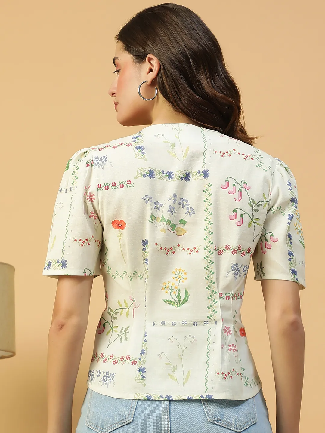 Off-Whit Floral Print Button Detailed Short Sleeve Women Cotton Dobby Top - Image 2