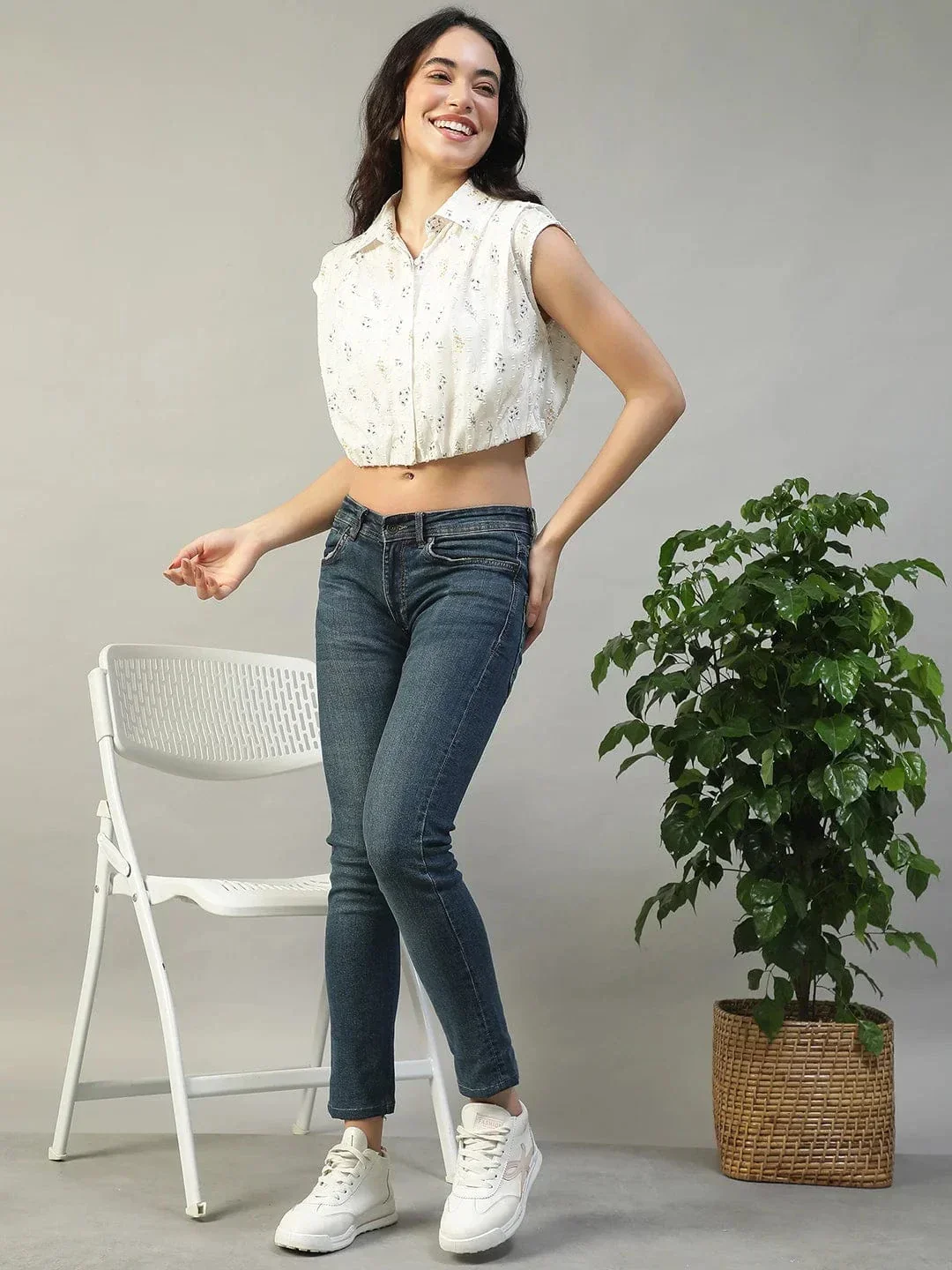 Off White Floral Print Collared Short Sleeve Button Down Women Cotton Dobby Crop Shirt - Image 2