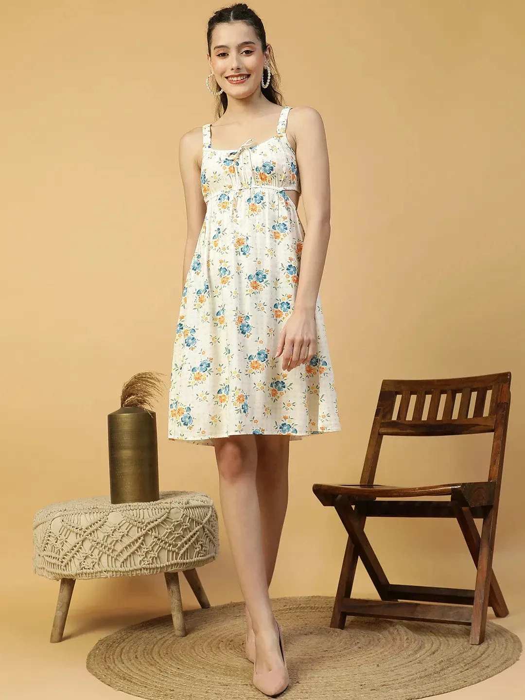 Off- White Floral Print Elasticated Sleeveless Cut Out Women Dress - Image 2
