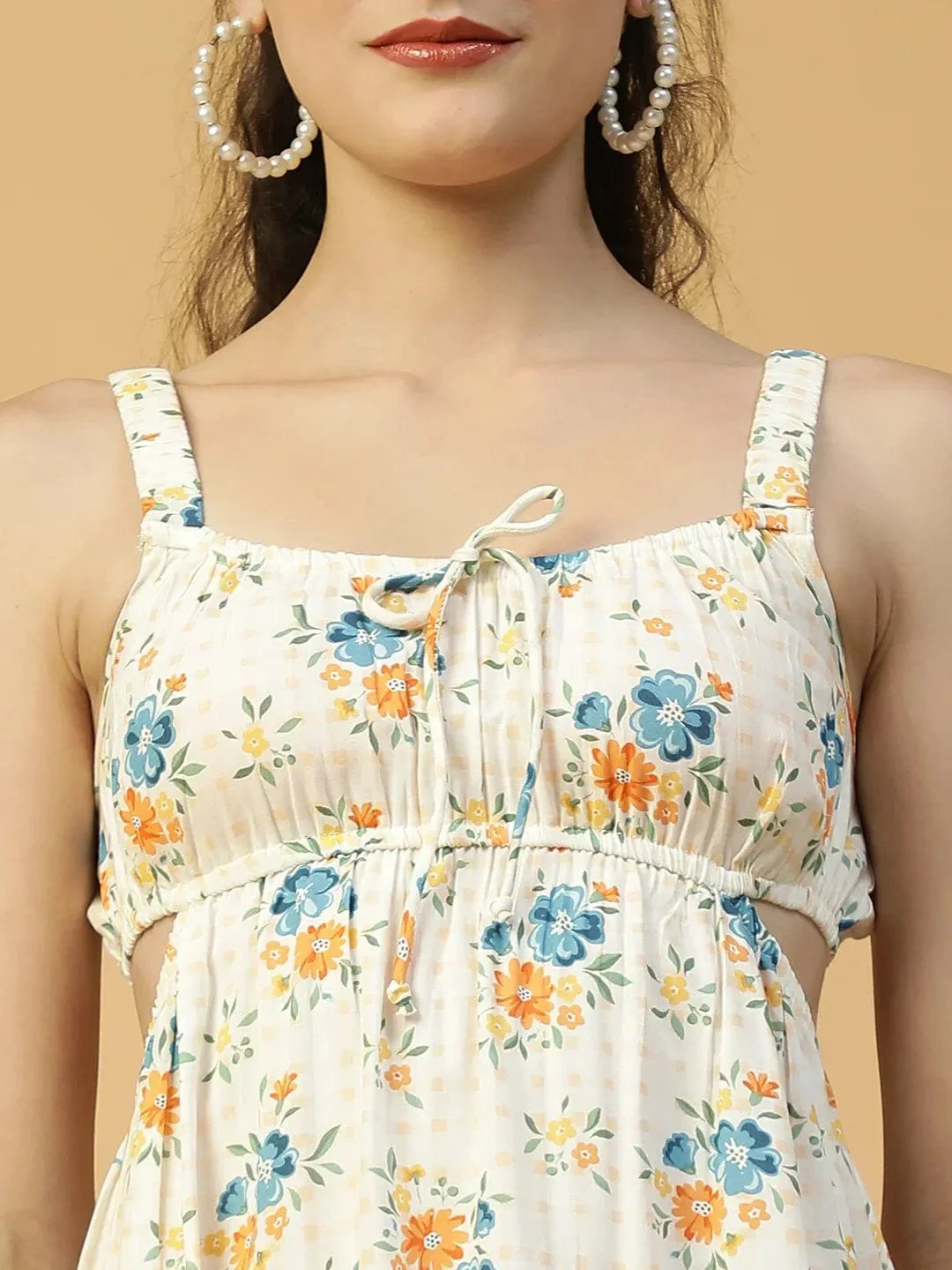 Off- White Floral Print Elasticated Sleeveless Cut Out Women Dress - Image 6